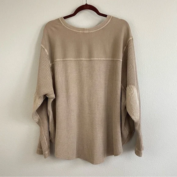 Free People FP One Blake Thermal Waffle Knit Patch Elbows Top Moon Rock Size S - Picture 7 of 8